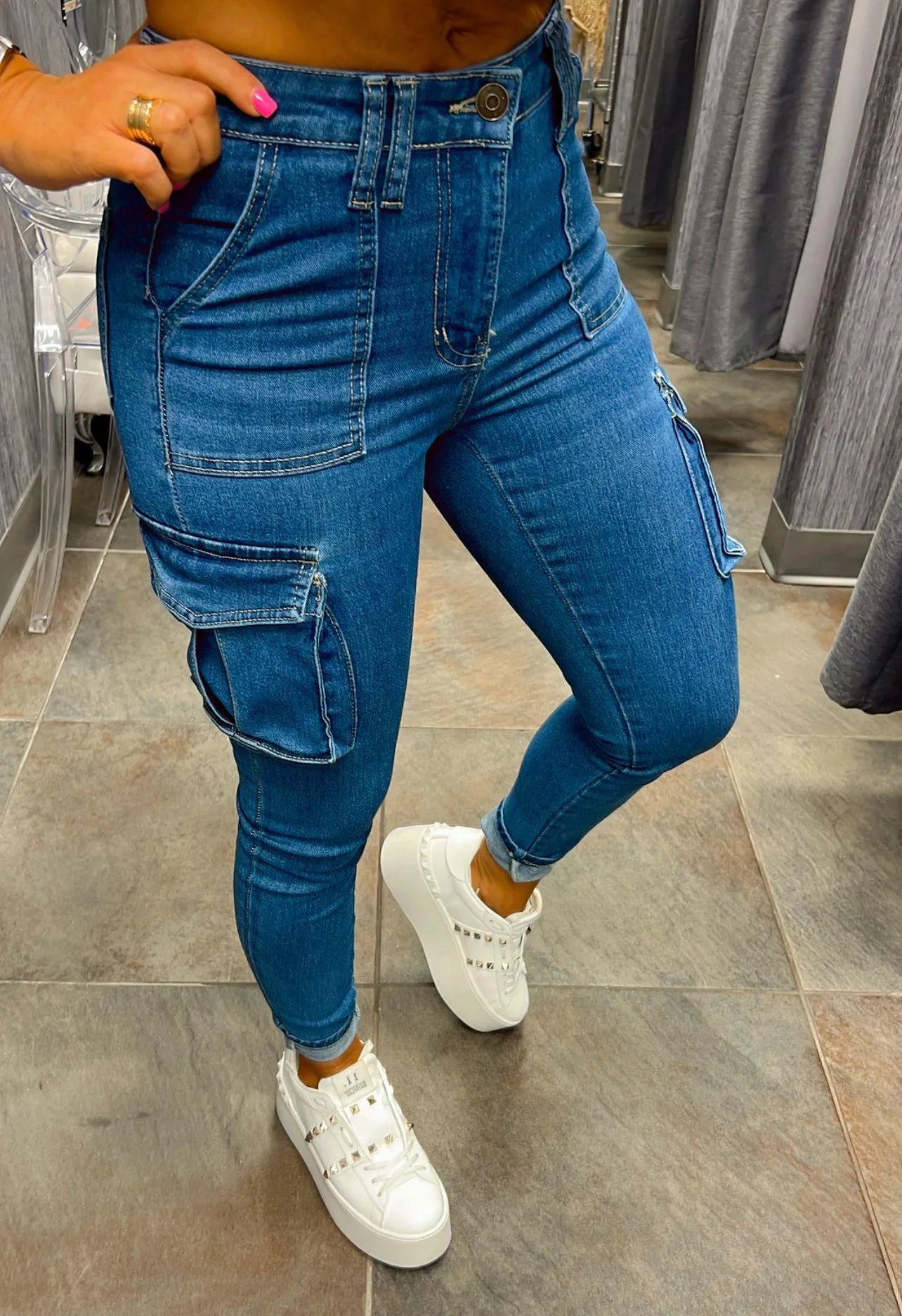 1752 High rise denim cargo skinny jeans