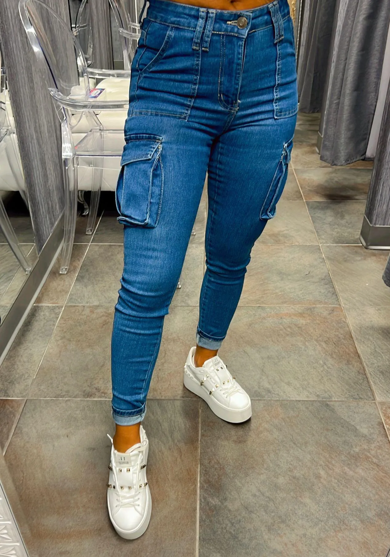 1752 High rise denim cargo skinny jeans