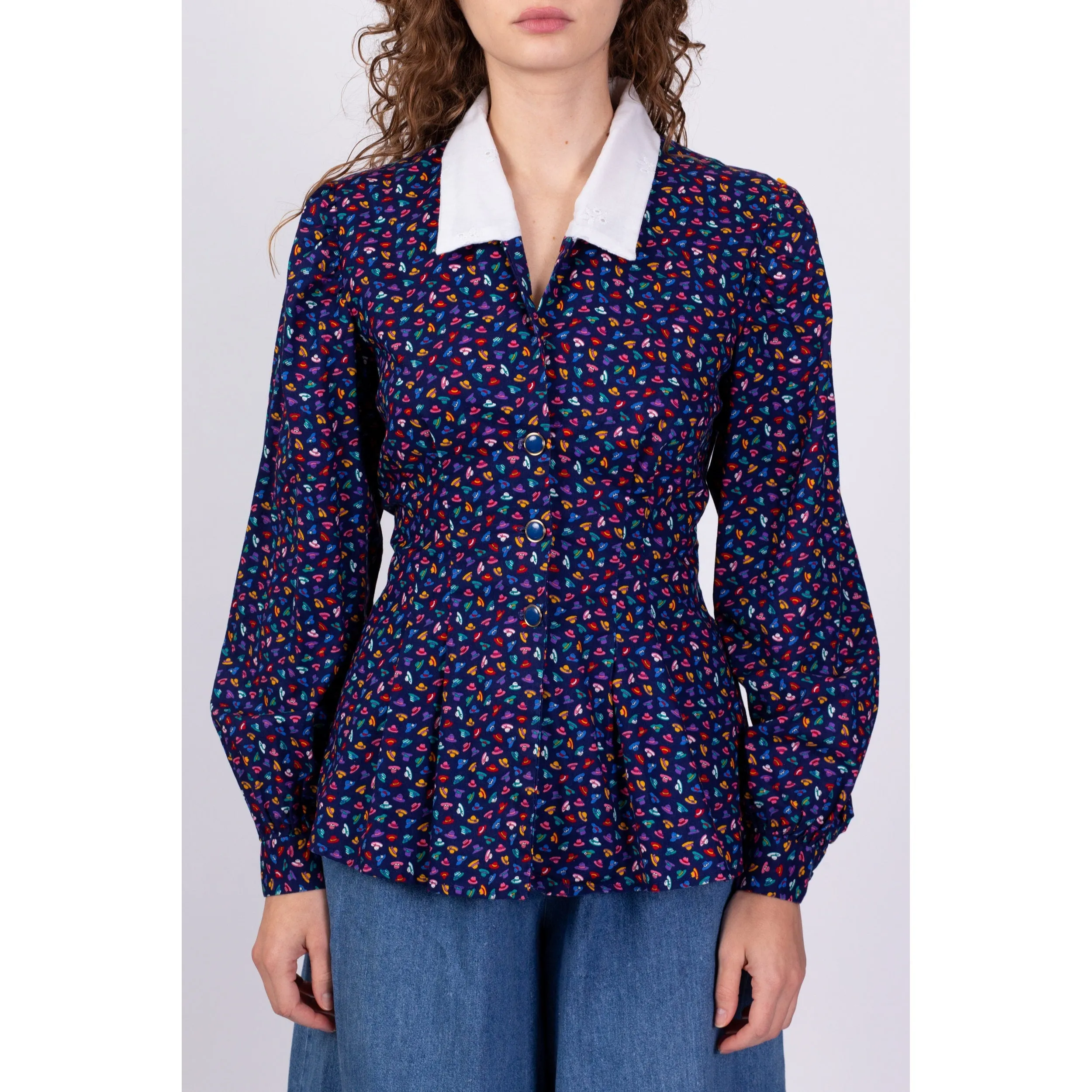 80s Hat Print Blouse - Medium
