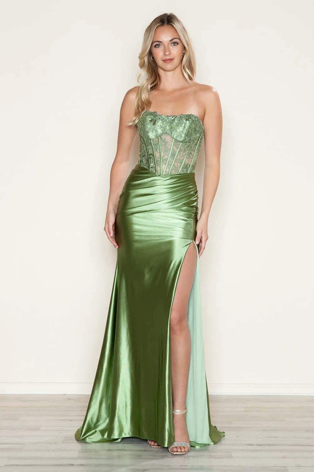 AFIA Beaded Satin Fitted Lace Bodice Slit Prom & Formal Dress