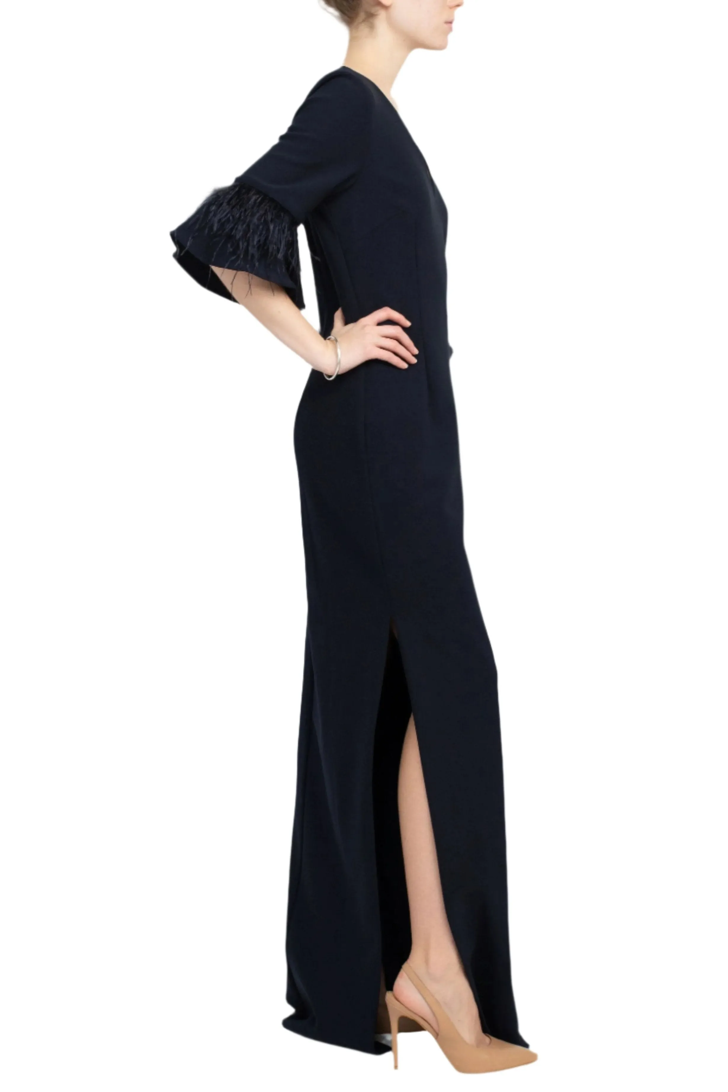 Aidan Mattox V-Neck 3/4 Feathered Bell Sleeves Back Zipper High Thigh Slit Gown