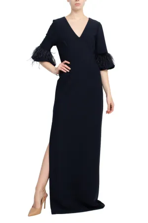 Aidan Mattox V-Neck 3/4 Feathered Bell Sleeves Back Zipper High Thigh Slit Gown