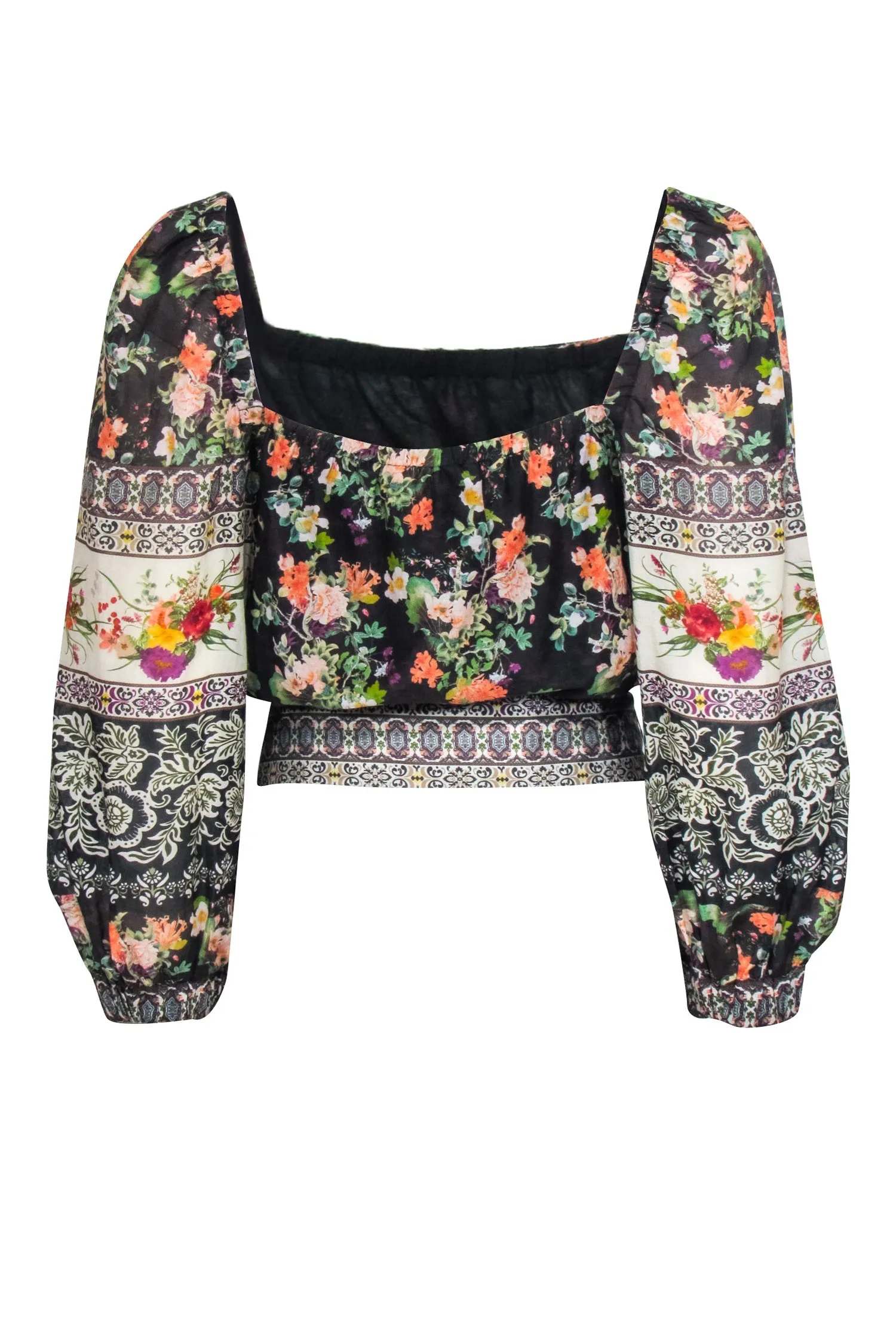 Alice & Olivia - Black Multi Color Floral Print Tie Hem Silk "Clarabelle" Blouse Sz L