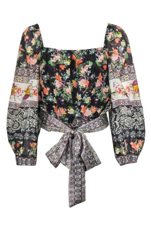 Alice & Olivia - Black Multi Color Floral Print Tie Hem Silk "Clarabelle" Blouse Sz L