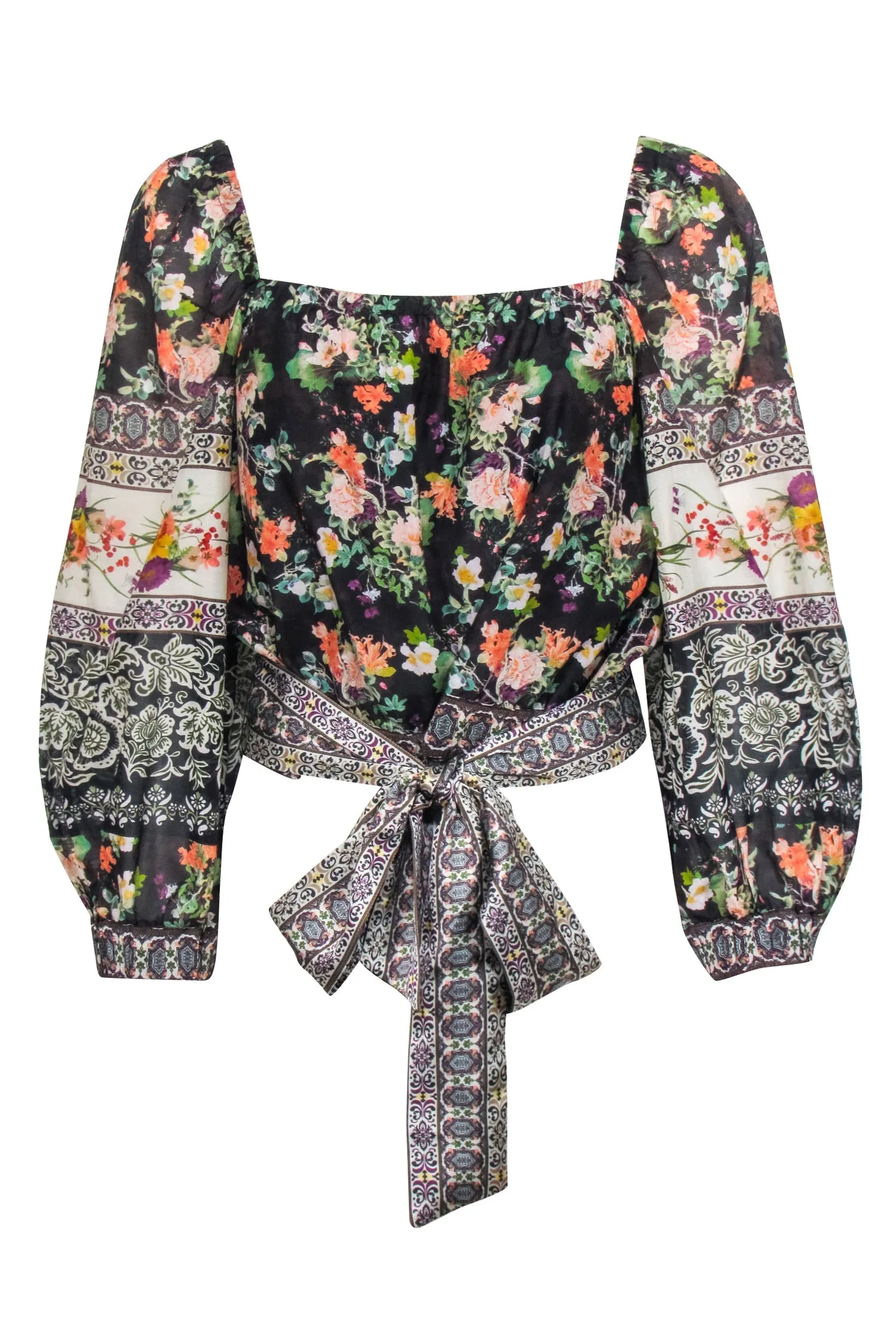 Alice & Olivia - Black Multi Color Floral Print Tie Hem Silk "Clarabelle" Blouse Sz L