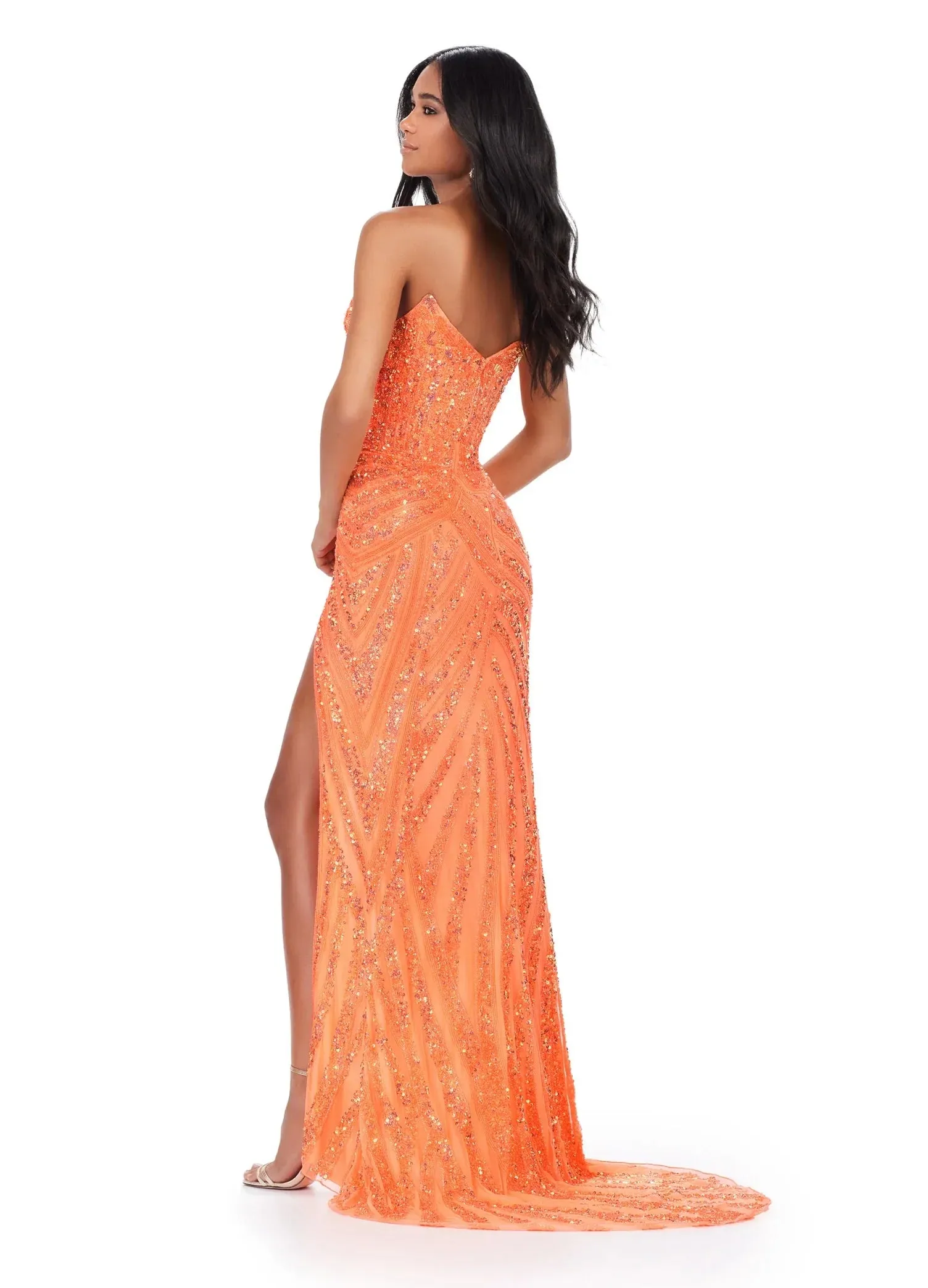 Ashley Lauren 11236 Size 10, 16 Coral Prom Dress Long Fitted V Neck Slit Beaded Sequin Pageant Gown