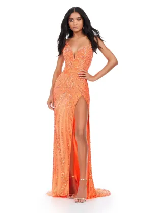 Ashley Lauren 11236 Size 10, 16 Coral Prom Dress Long Fitted V Neck Slit Beaded Sequin Pageant Gown