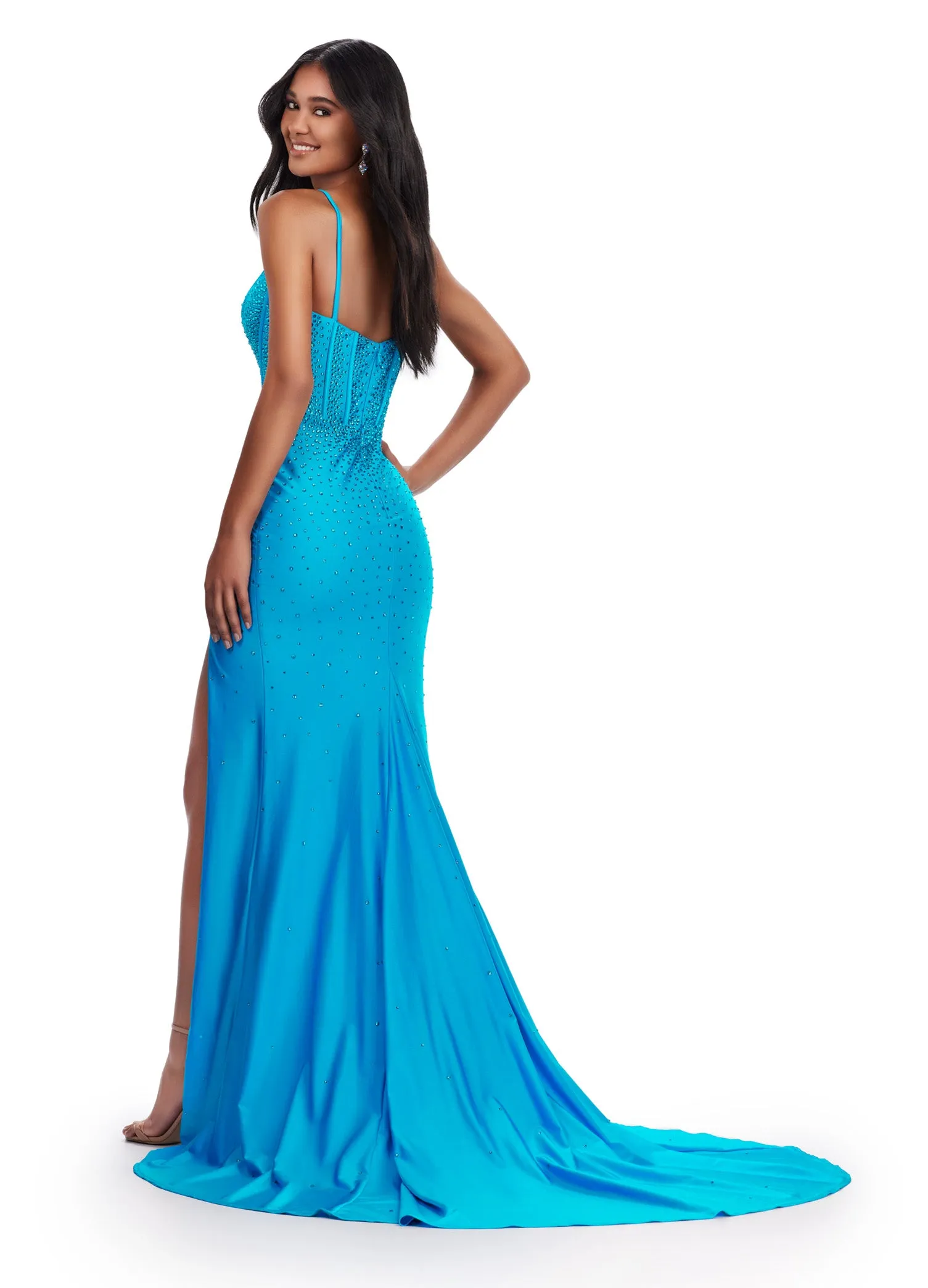 Ashley Lauren 11688 Fitted Jersey Corset Prom Dress Slit Formal Plunging V Neck Gown