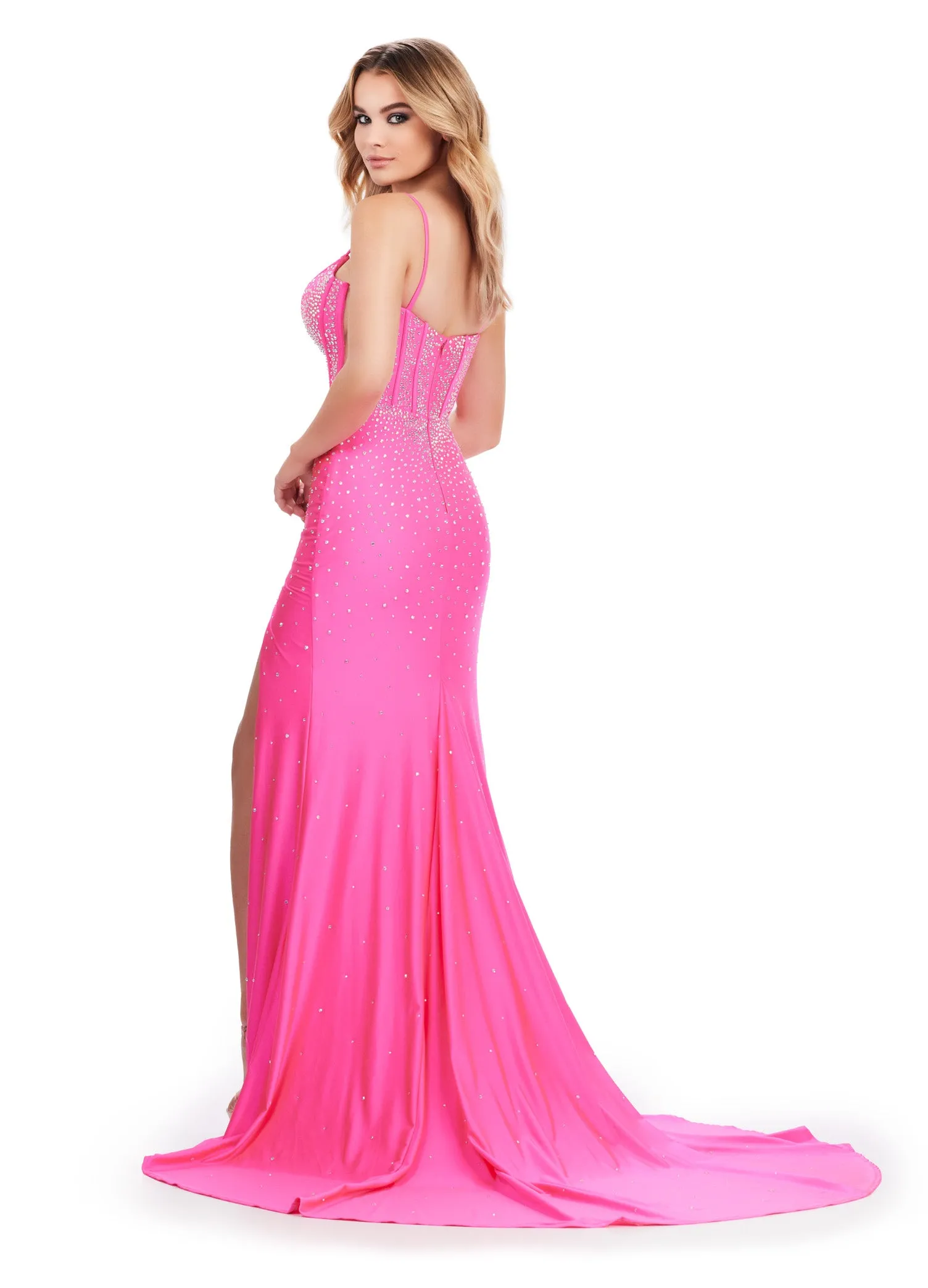 Ashley Lauren 11688 Fitted Jersey Corset Prom Dress Slit Formal Plunging V Neck Gown