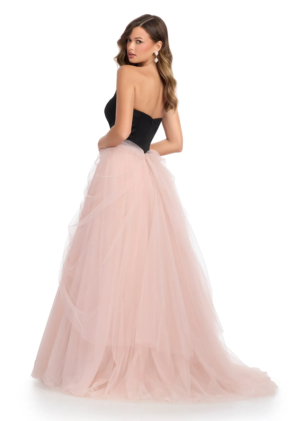 Ashley Lauren 11984 Size 0 Black/Hot Pink Satin V Neck A Line Prom Dress Tulle Draped Ballgown Pageant Gown