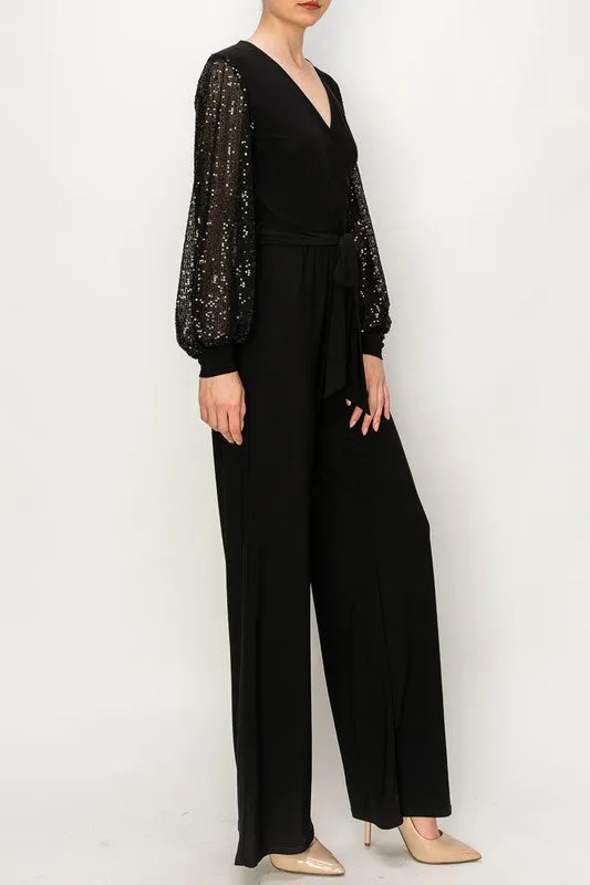 Black Solid Ity Jumpsuit With Long Sequeance Sleeves & Cuff