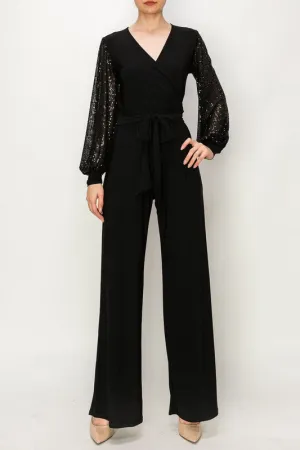 Black Solid Ity Jumpsuit With Long Sequeance Sleeves & Cuff