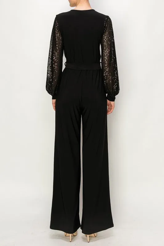 Black Solid Ity Jumpsuit With Long Sequeance Sleeves & Cuff