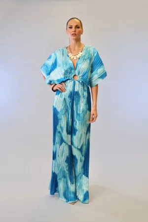 Blue Combo V-Neck Drop Shoulder W/ O-Ring Attached Pleated Jumpsuit