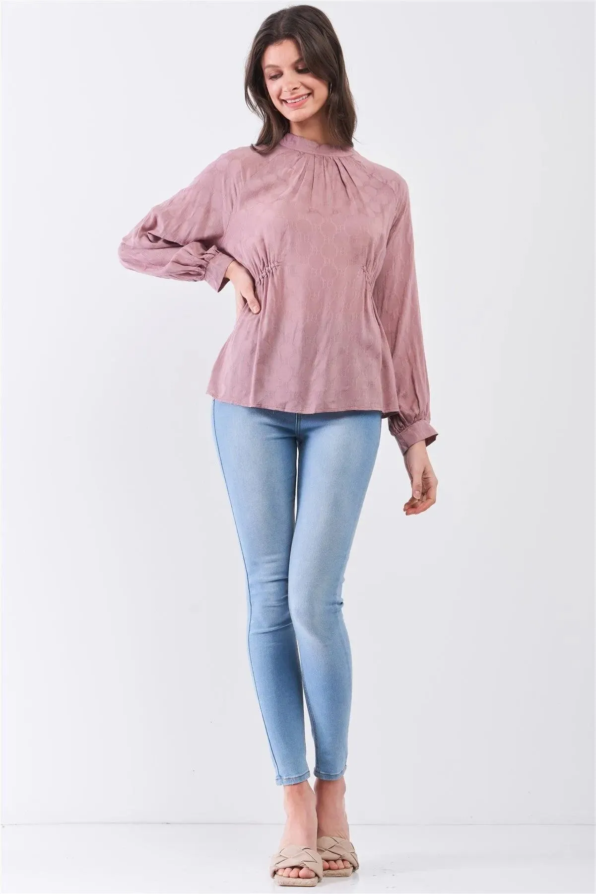 Boho Wood Rose Circle Pattern Mock Neck Long Sleeve Blouse Top /3-2-1