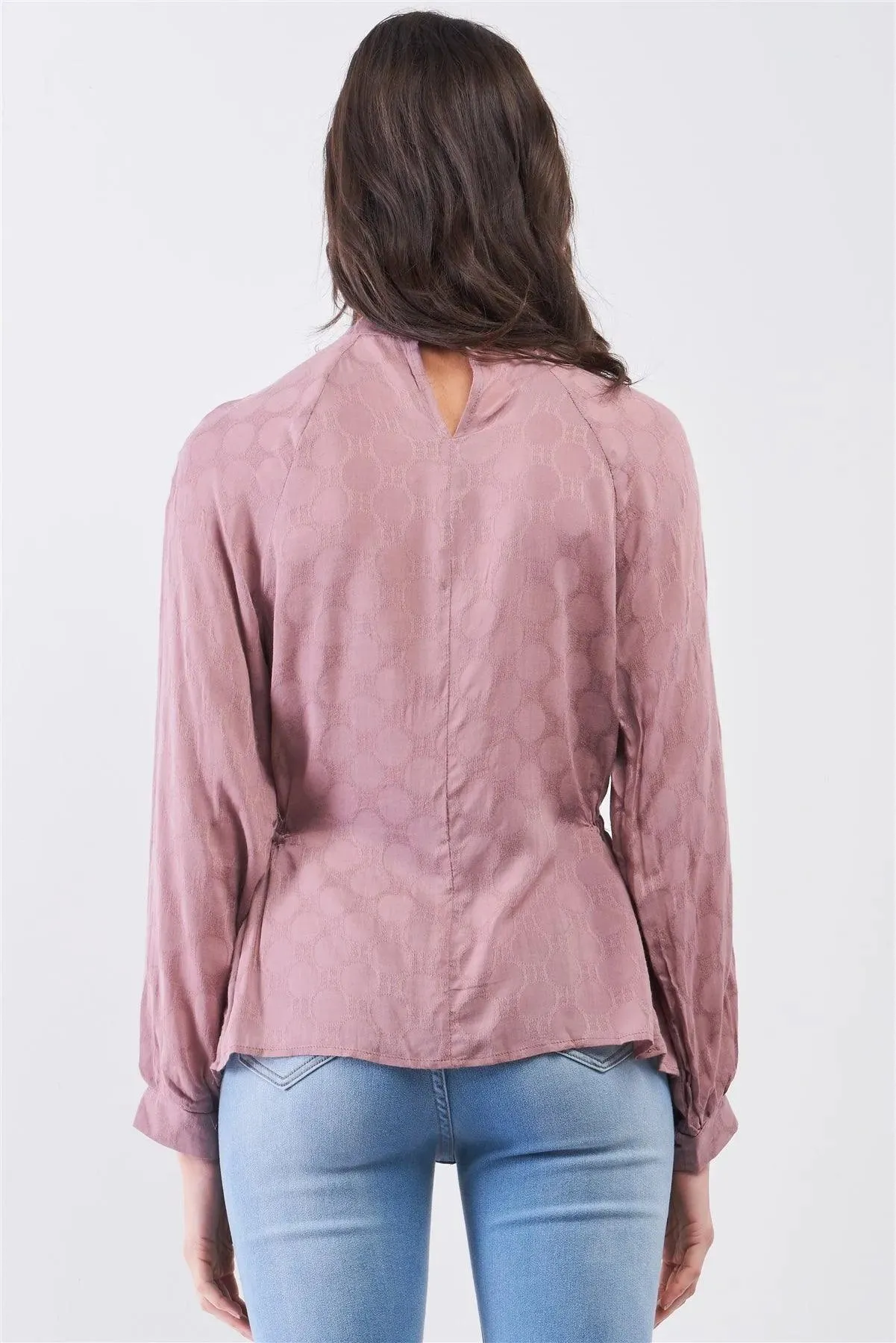 Boho Wood Rose Circle Pattern Mock Neck Long Sleeve Blouse Top /3-2-1