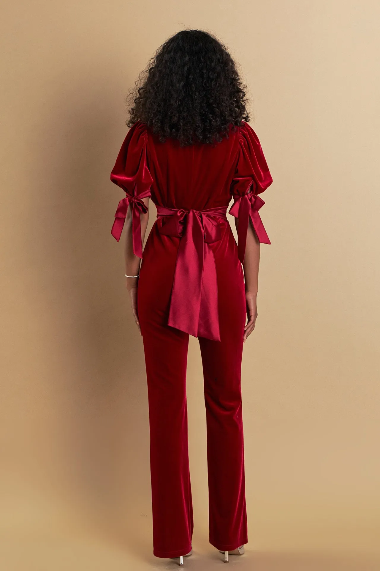 Bow Tie Sleeve Velvet Jumpsuit