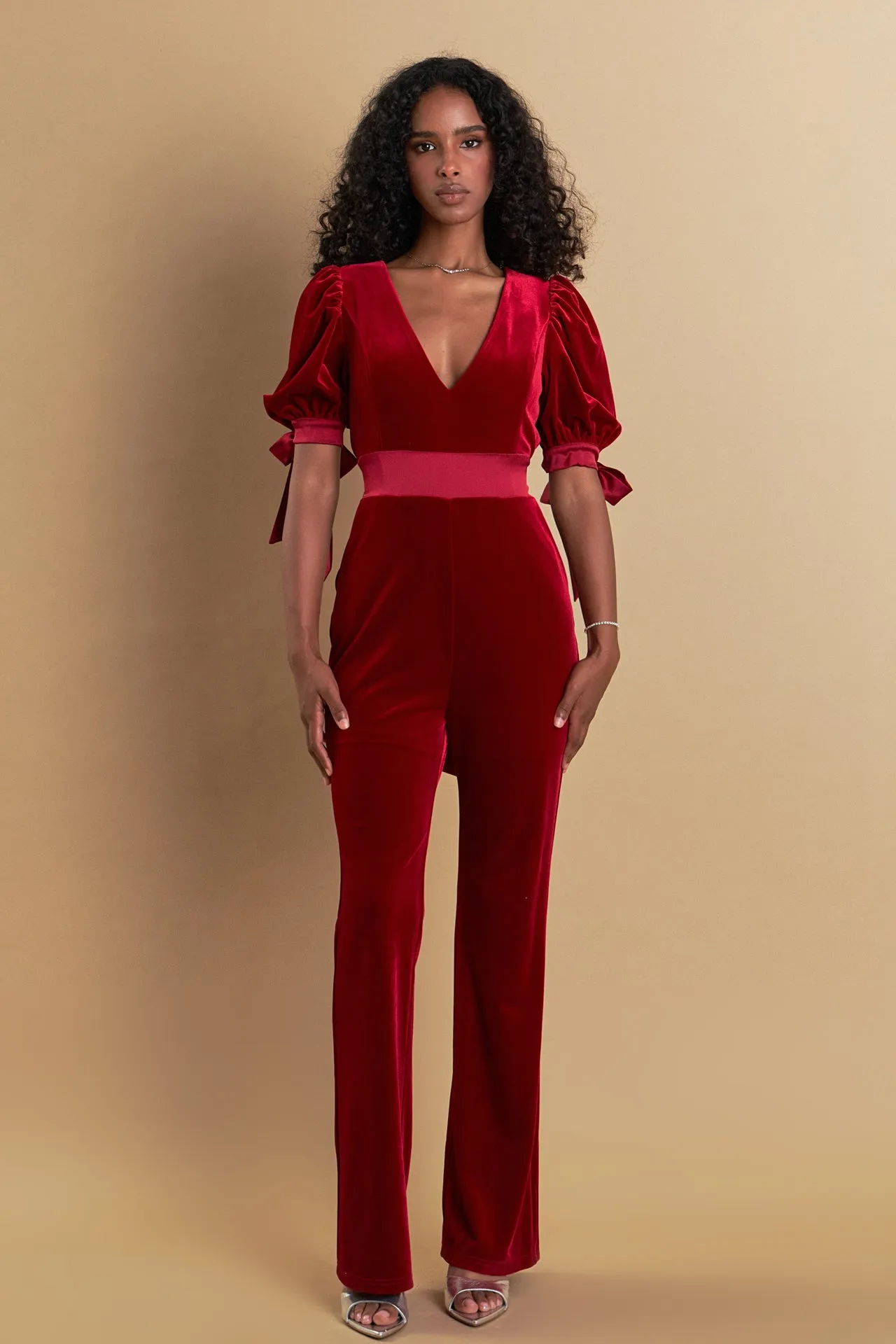 Bow Tie Sleeve Velvet Jumpsuit