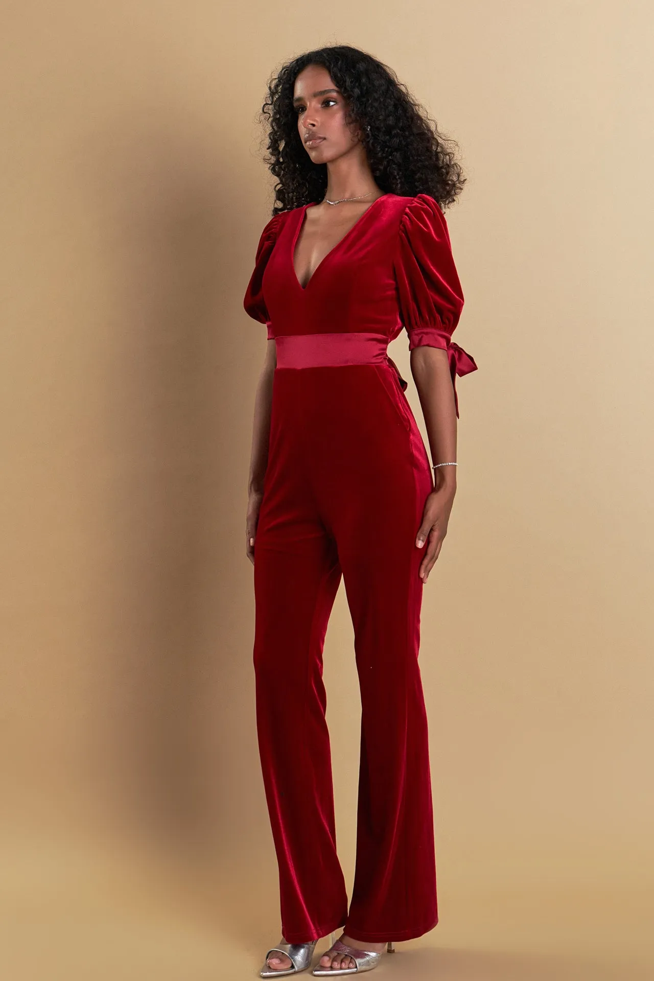 Bow Tie Sleeve Velvet Jumpsuit