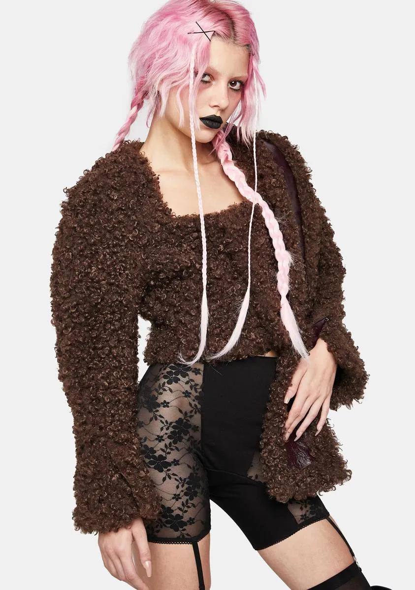 Brown Patent Leather And Faux Fur Double Sided Cropped Coat