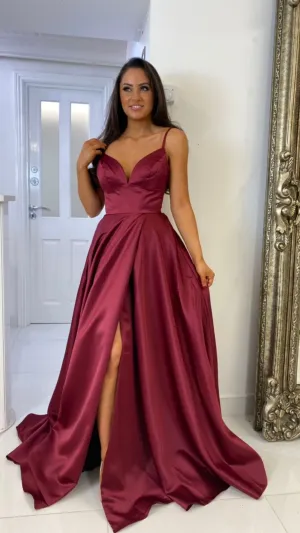Burgundy Satin Low Cut Corset Ball Gown Prom Dress