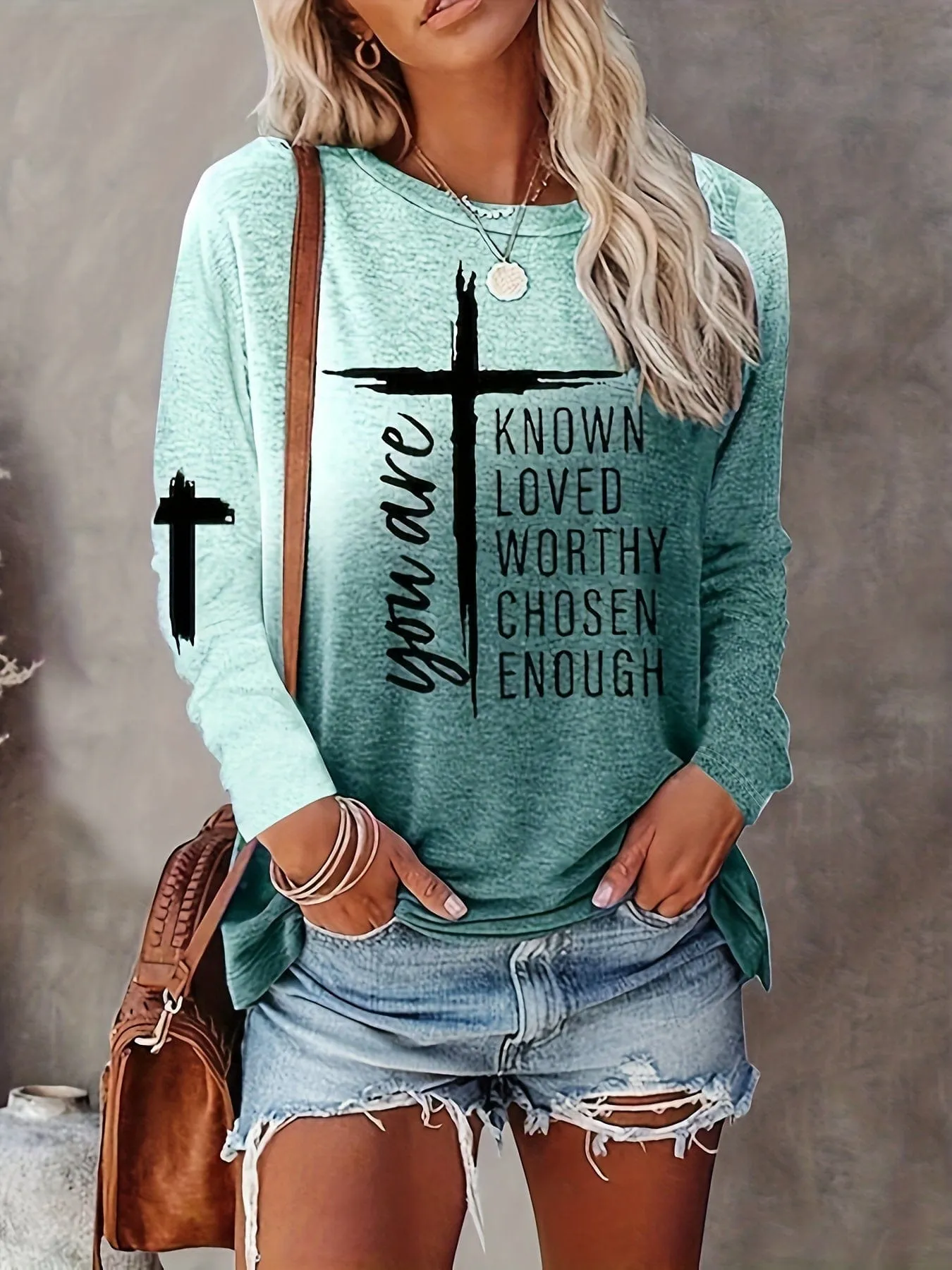 Casual Cross Letter Print Crew Neck Long Sleeve T-Shirt