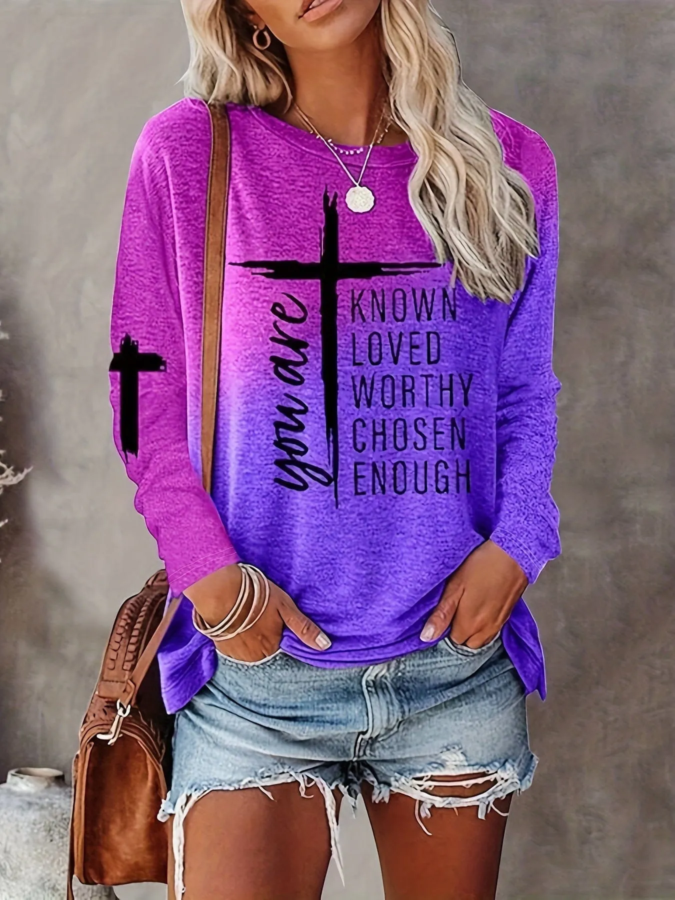 Casual Cross Letter Print Crew Neck Long Sleeve T-Shirt