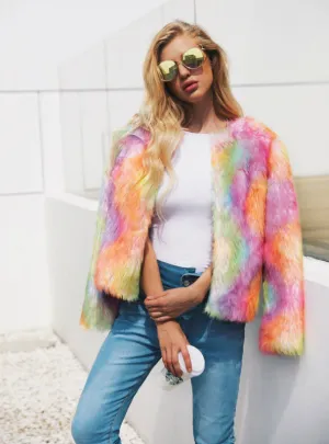Color Faux Fur Coat Faux Fur Mixed Color Short Coat