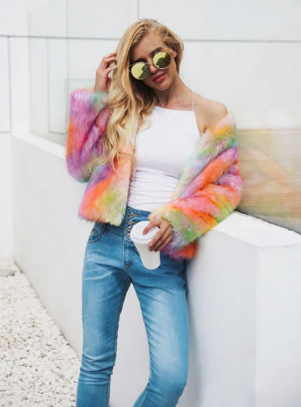 Color Faux Fur Coat Faux Fur Mixed Color Short Coat