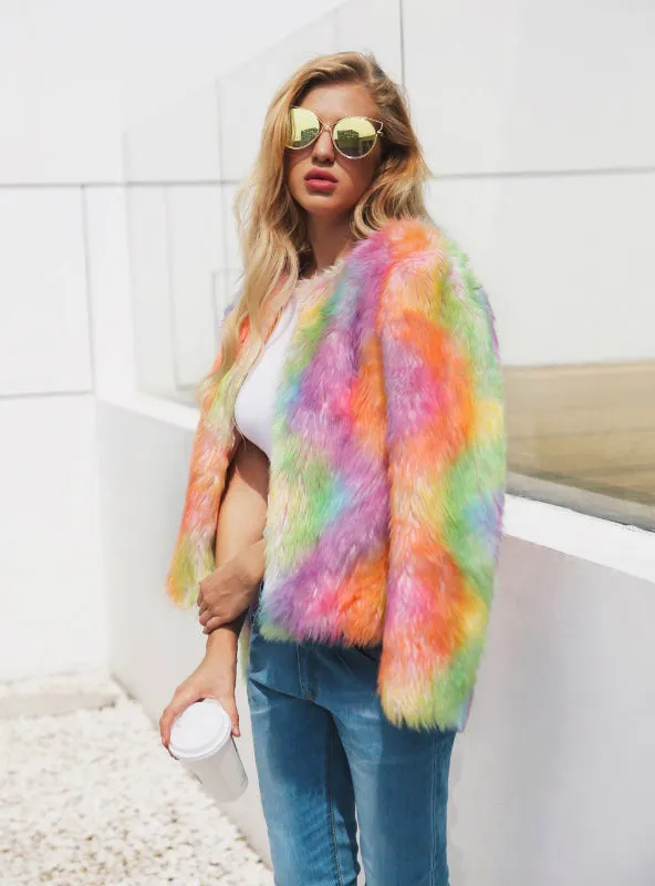 Color Faux Fur Coat Faux Fur Mixed Color Short Coat