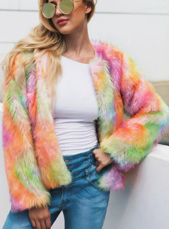 Color Faux Fur Coat Faux Fur Mixed Color Short Coat
