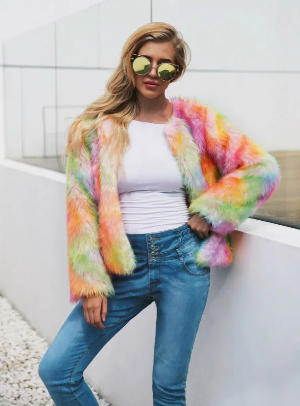Color Faux Fur Coat Faux Fur Mixed Color Short Coat