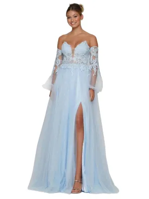 Colors 2337 Size 4,8 Light Blue Prom Dress Sheer Lace A Line Long Sleeve Shimmer Slit Corset Formal Gown