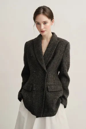 Double Breasted Wool-Blend Suit Jacket Blazer with Cinched Waist