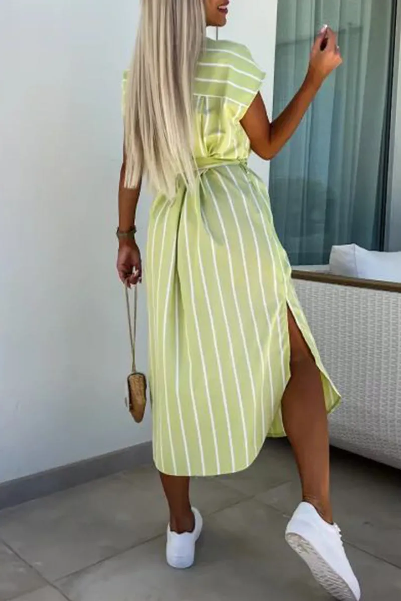 Elegant Striped Bandage Pocket Buckle Turndown Collar Shirt Dresses