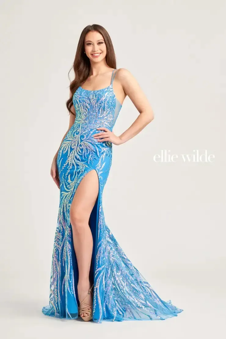 Ellie Wilde EW35046 Sheer Sequin Prom Dress Slit Scoop Neck Backless Corset Formal Gown