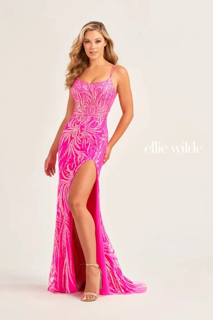Ellie Wilde EW35046 Sheer Sequin Prom Dress Slit Scoop Neck Backless Corset Formal Gown