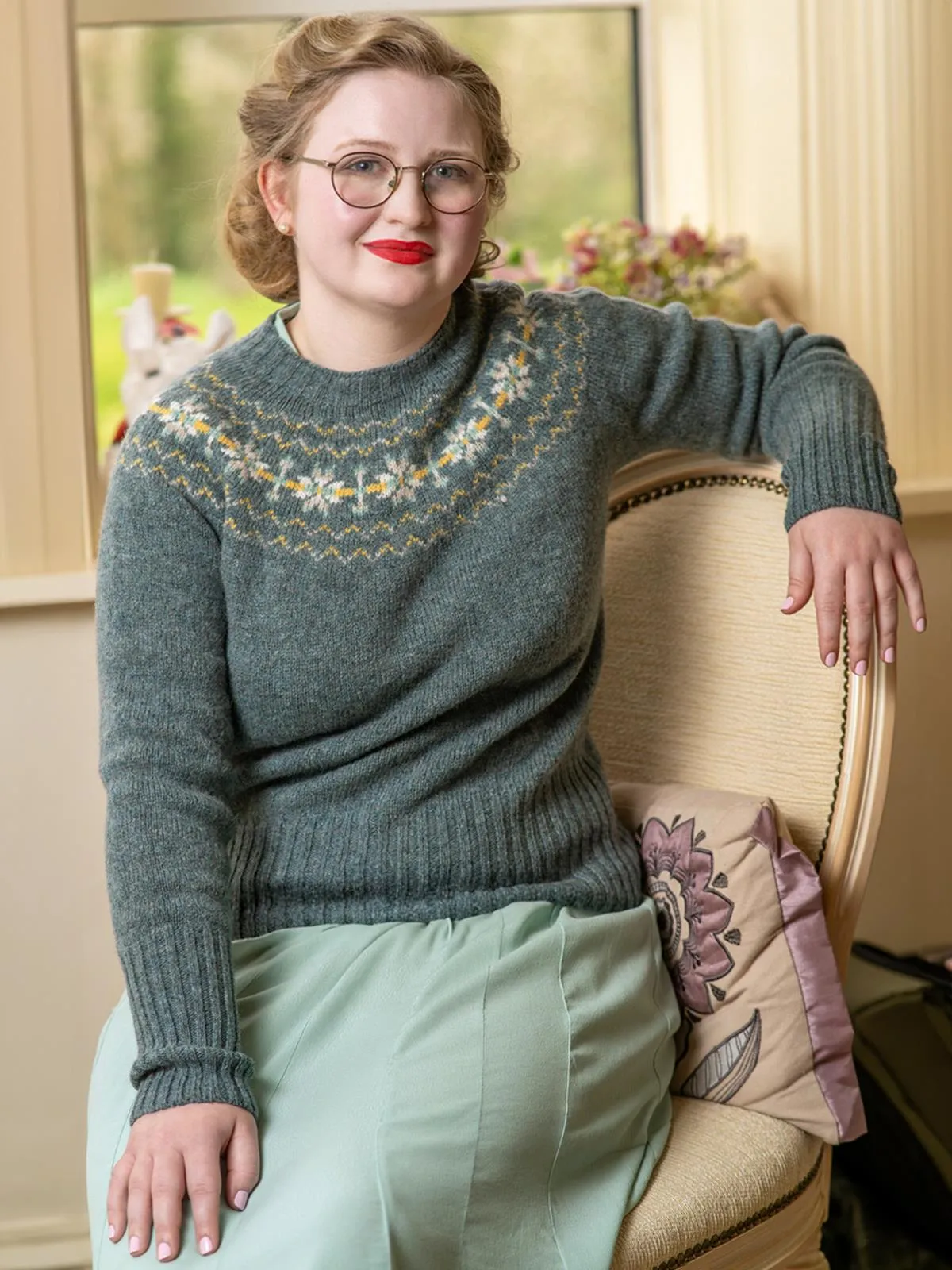 Fairisle 40s Style Pure Scottish Wool Jumper in Graphite Green