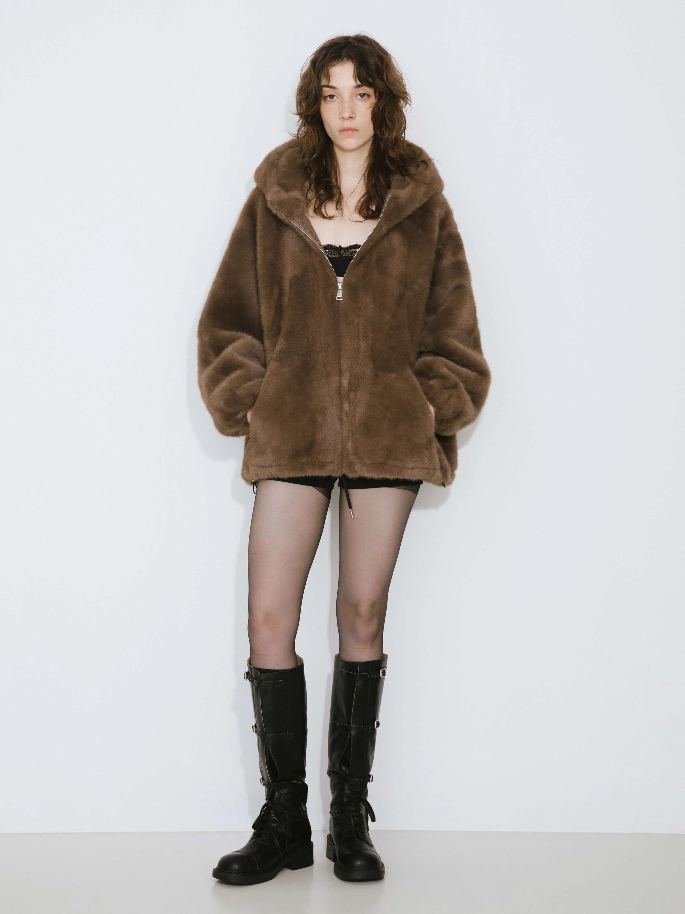 Faux Fur Zip-Up Jacket With Hood