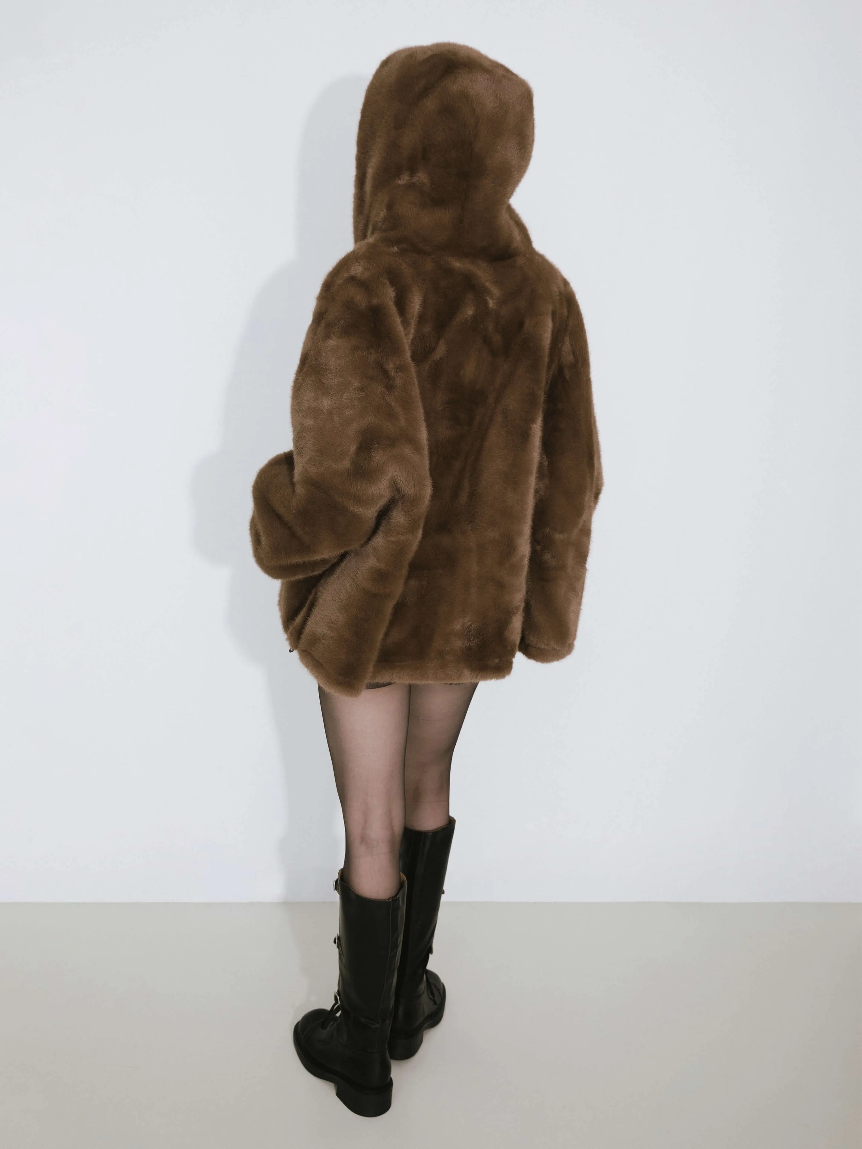Faux Fur Zip-Up Jacket With Hood