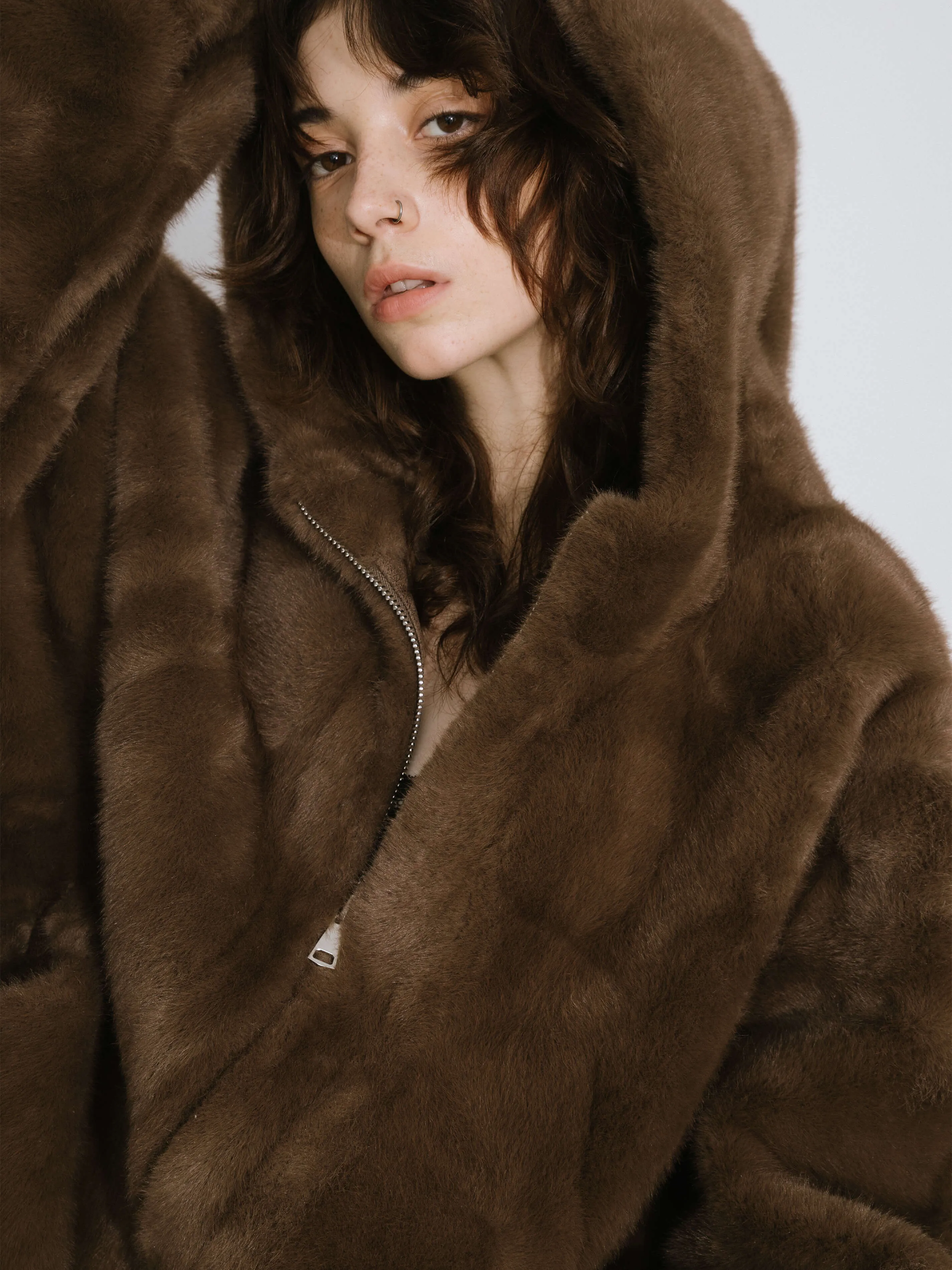 Faux Fur Zip-Up Jacket With Hood
