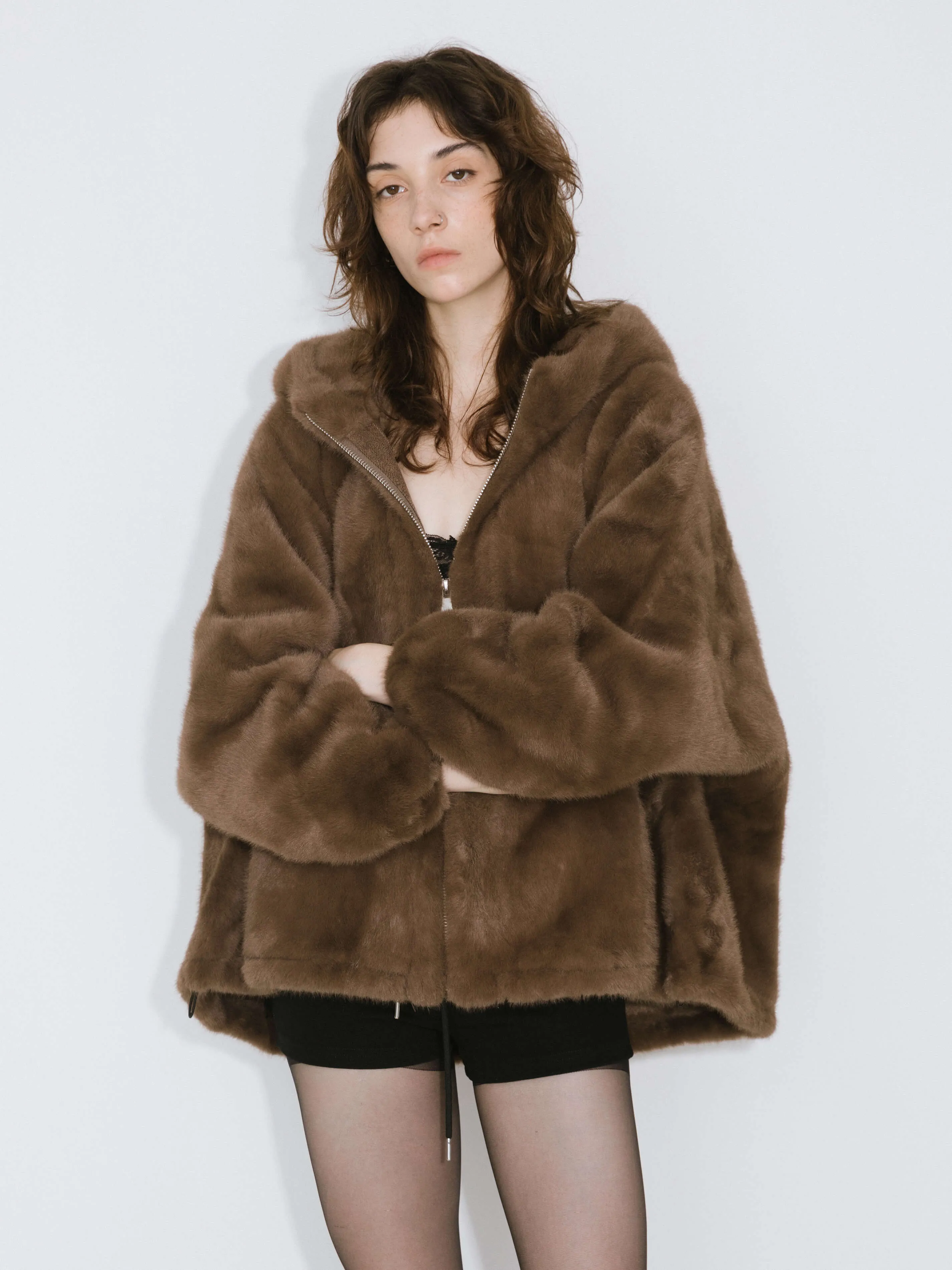 Faux Fur Zip-Up Jacket With Hood