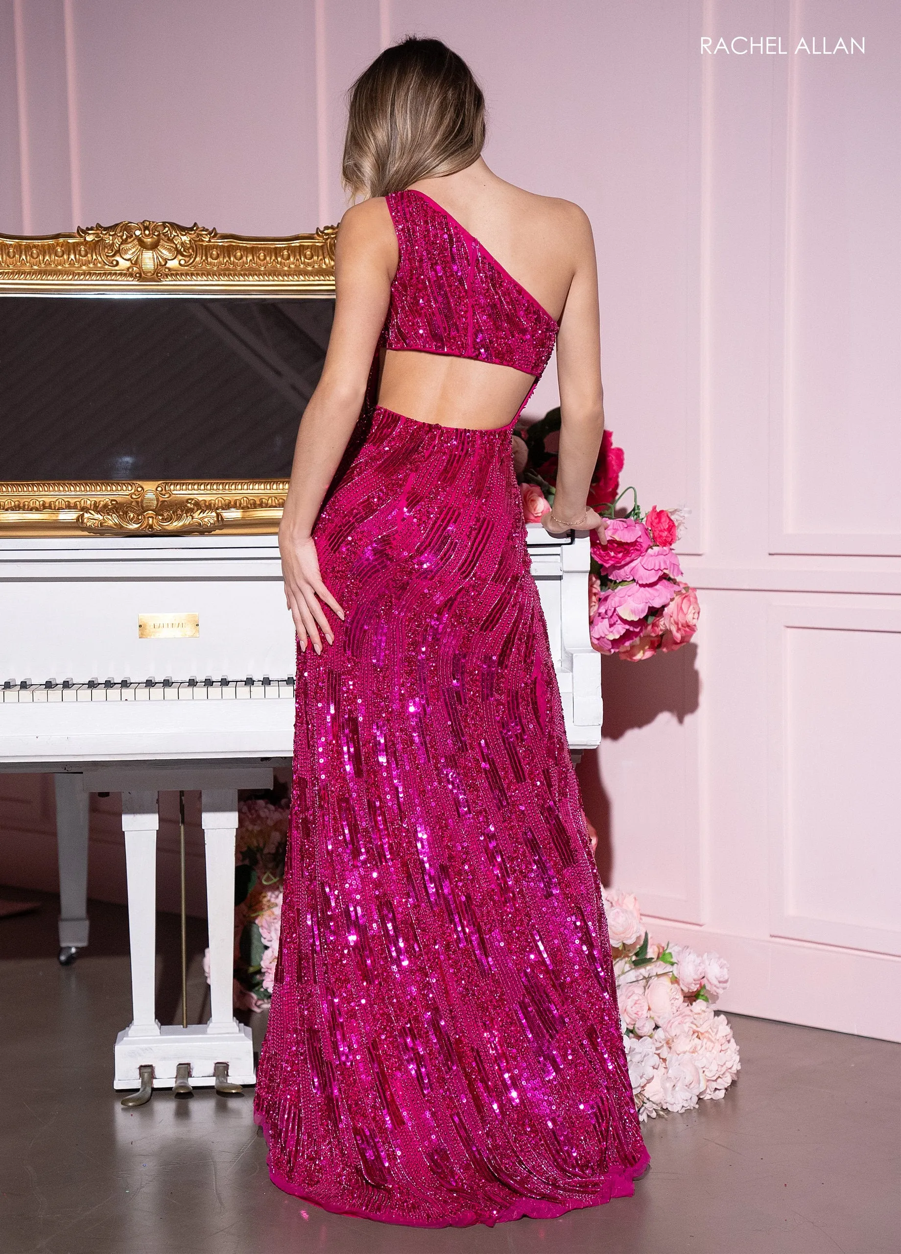 Fitted Sequin One Shoulder Slit Gown by Rachel Allan 70678