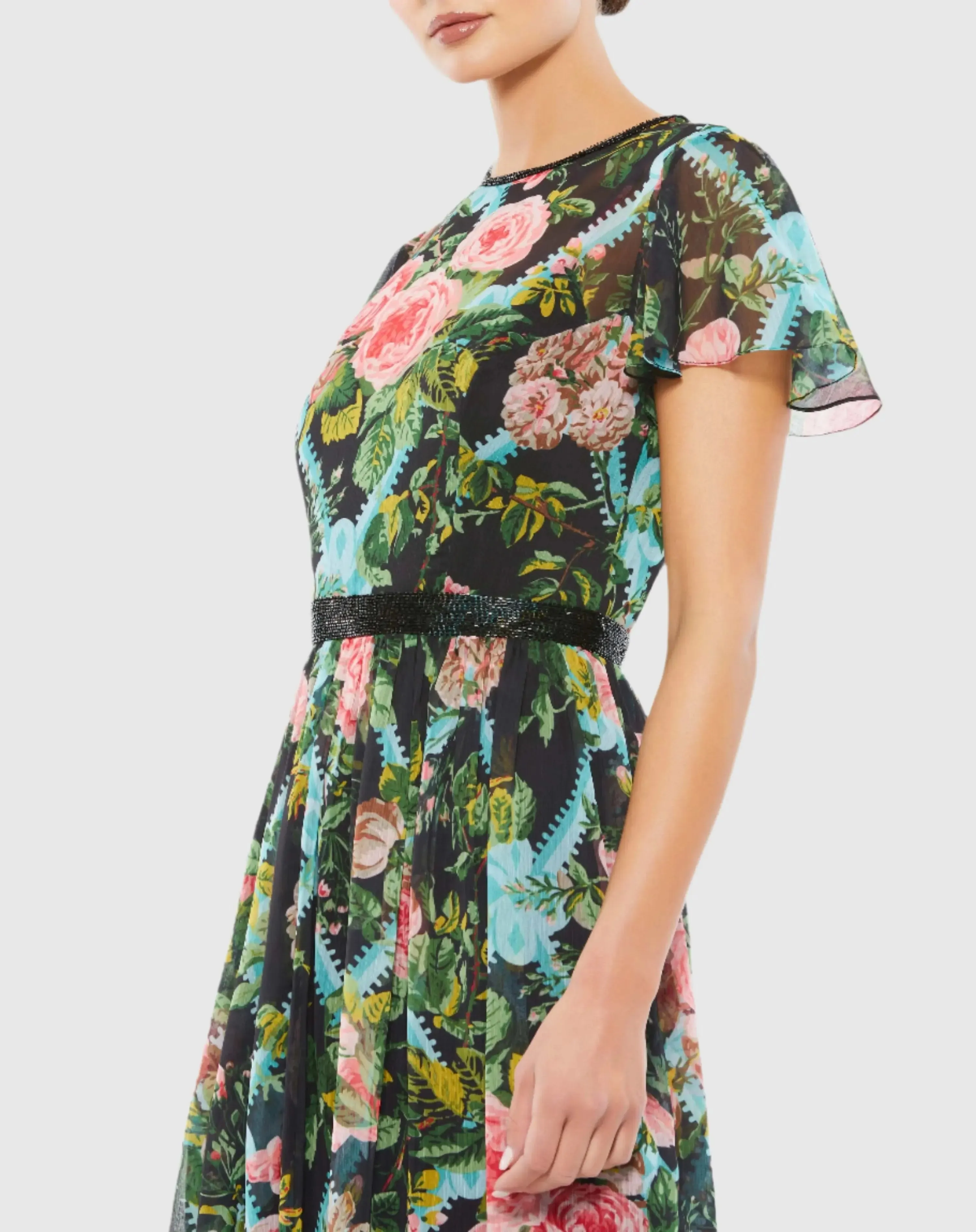 Floral Illusion Cap Sleeve Midi Dress