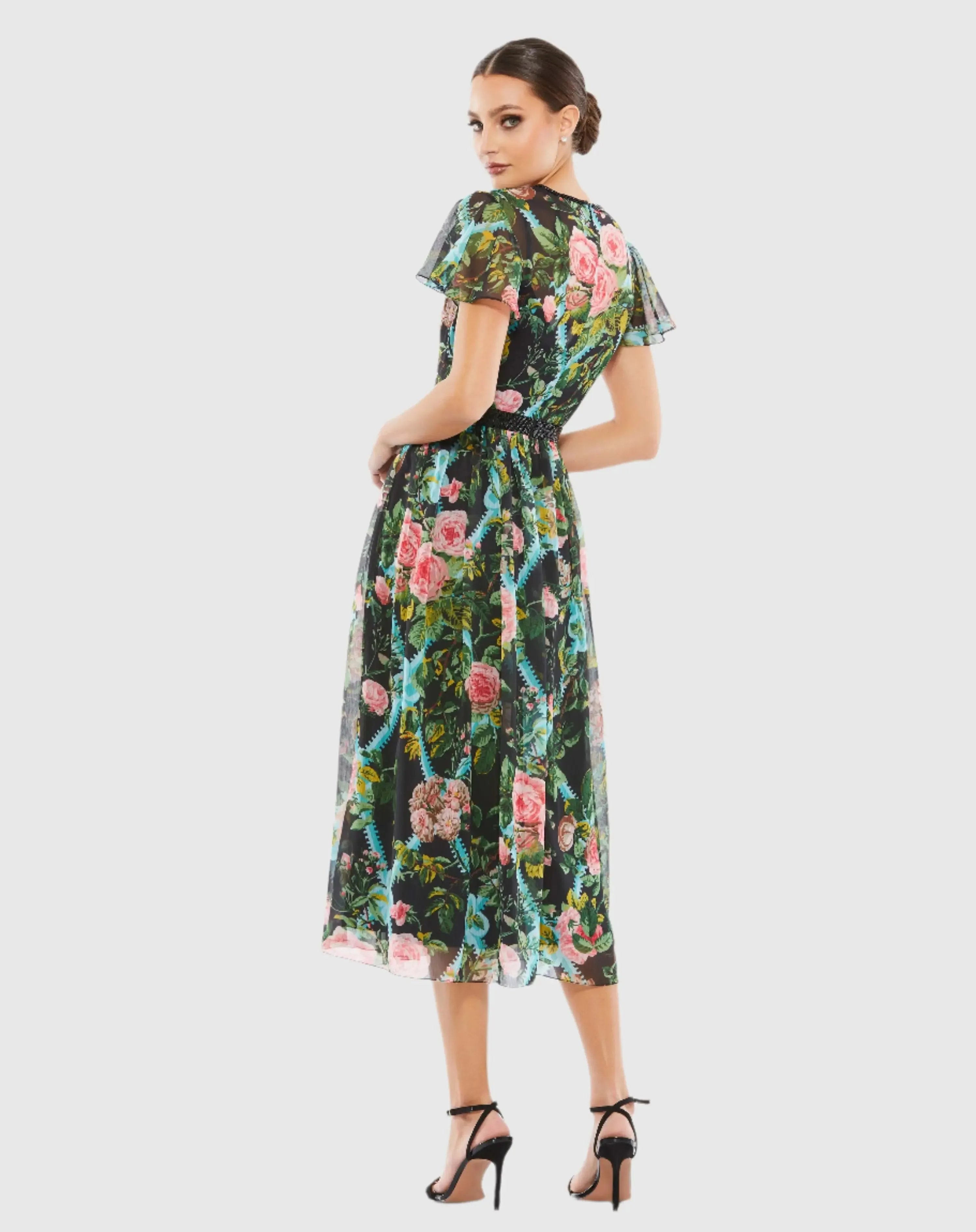 Floral Illusion Cap Sleeve Midi Dress