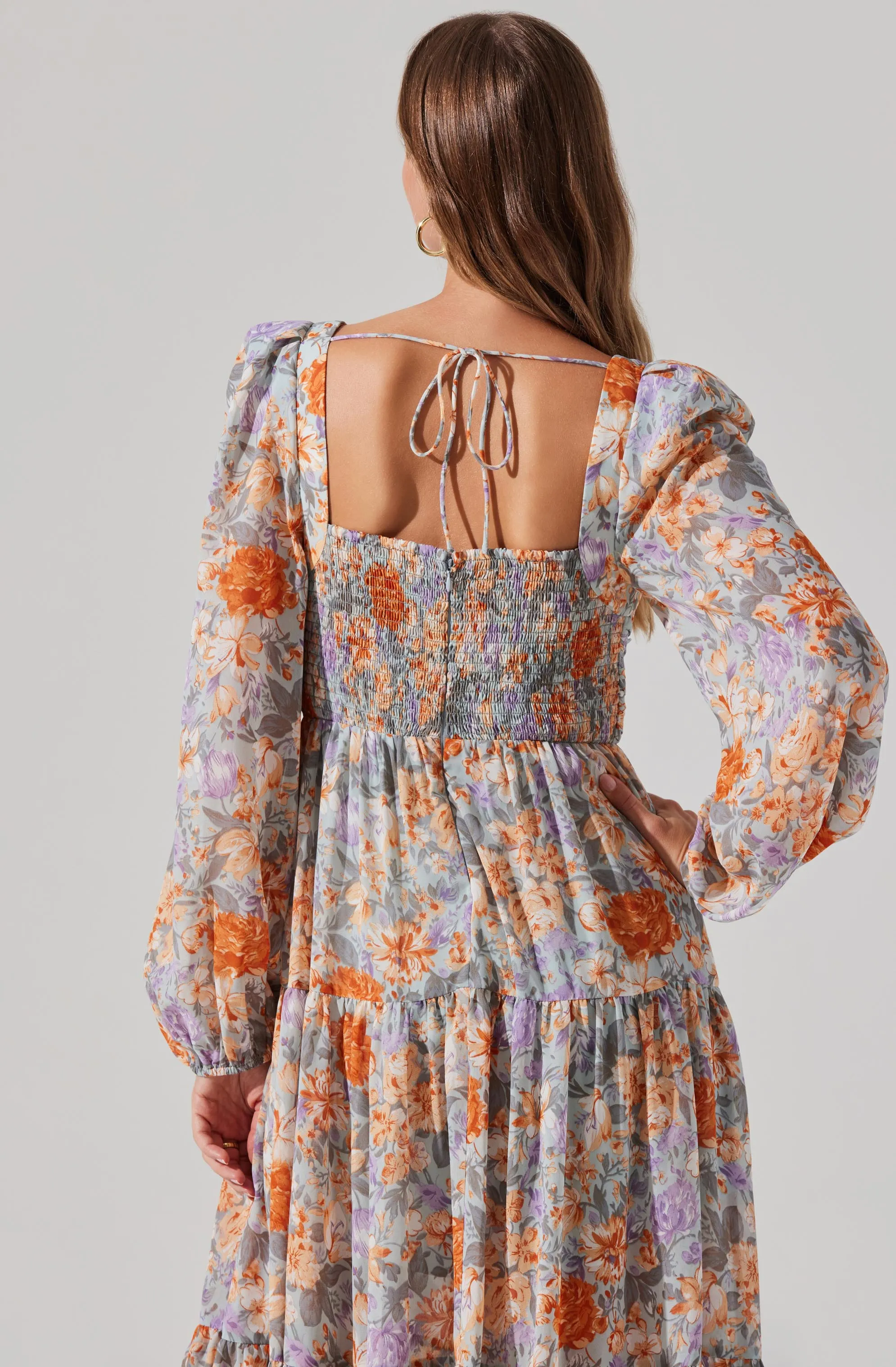 Floral Pleated Surplice Puff Sleeve Midi Dress