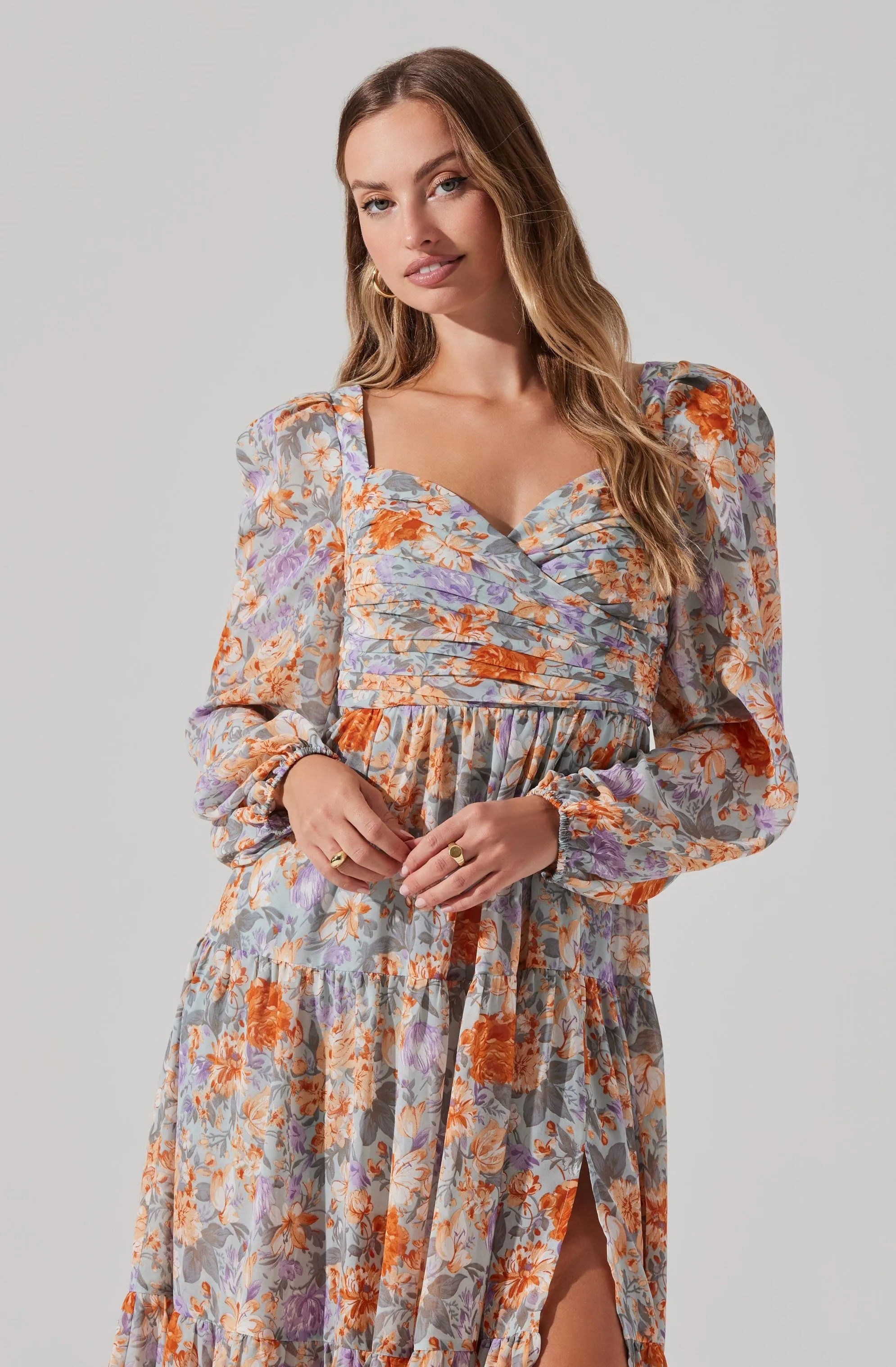 Floral Pleated Surplice Puff Sleeve Midi Dress