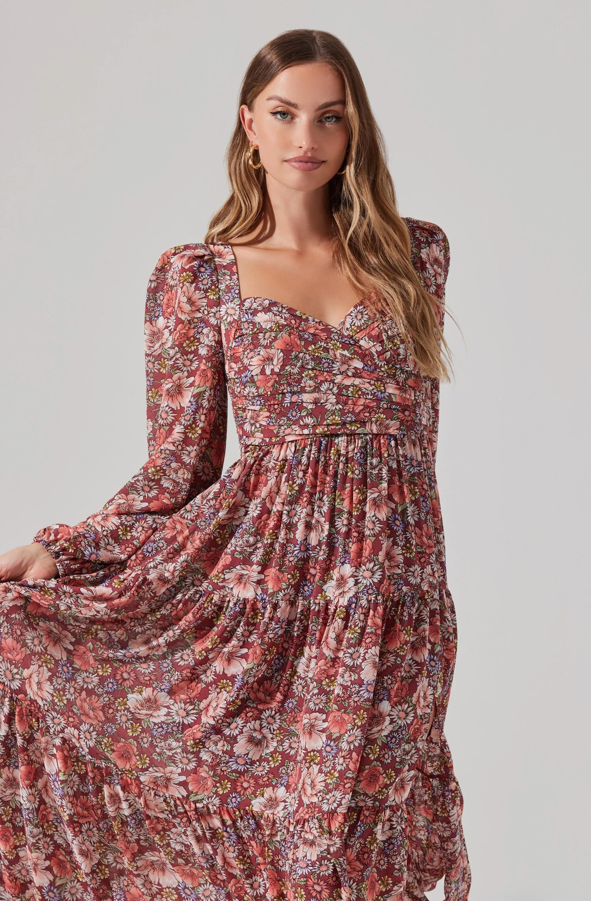 Floral Pleated Surplice Puff Sleeve Midi Dress