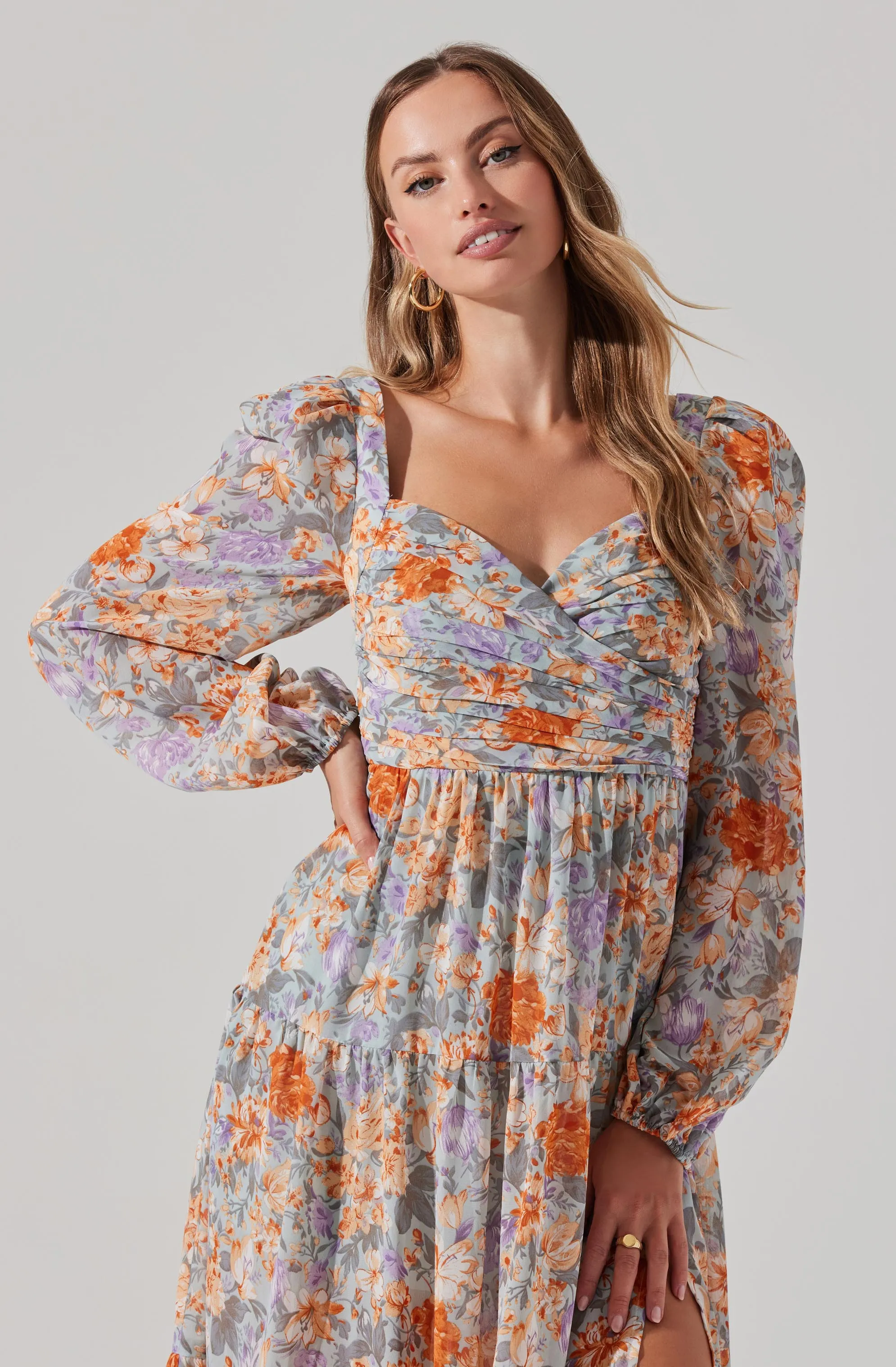 Floral Pleated Surplice Puff Sleeve Midi Dress