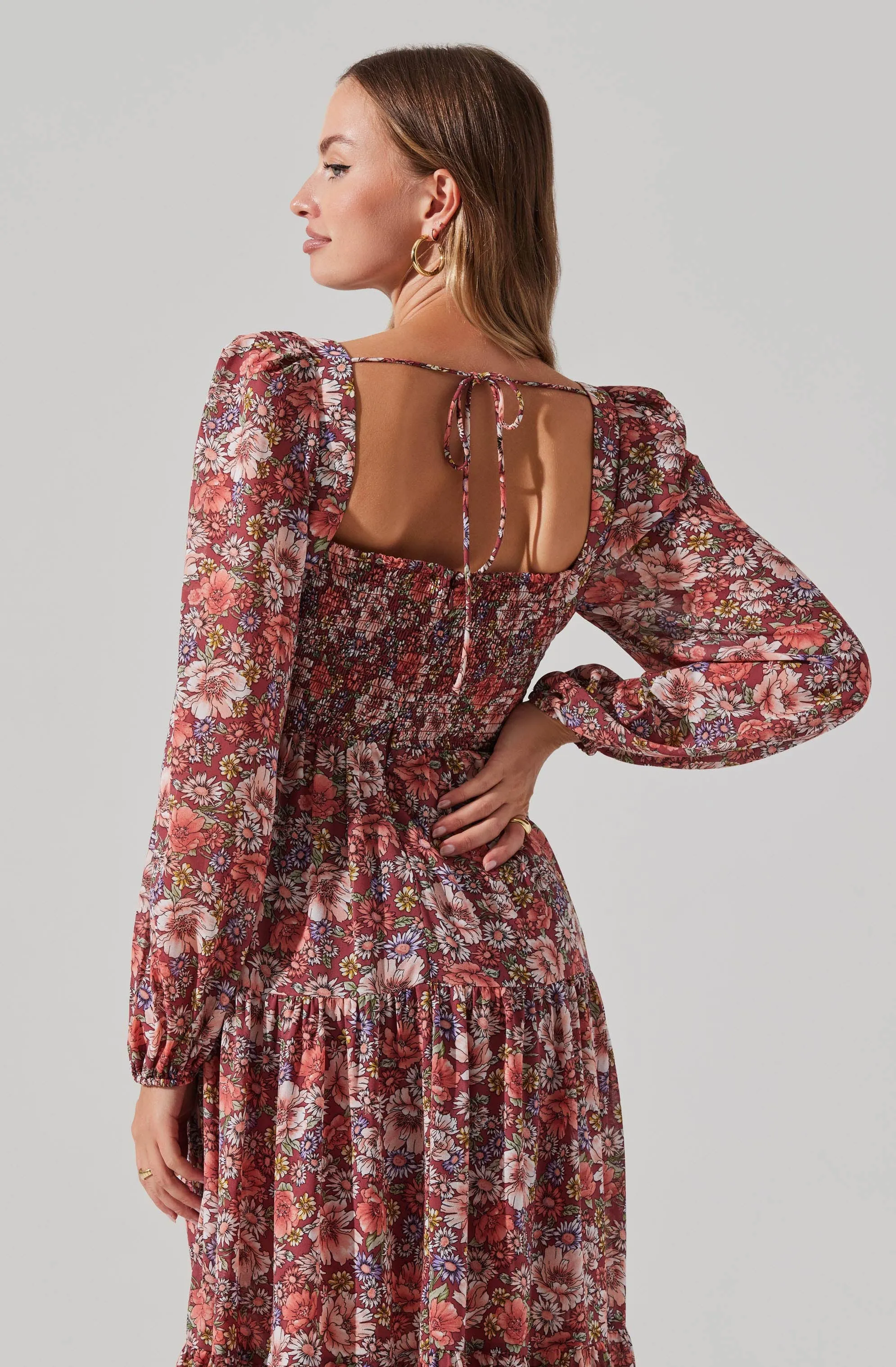 Floral Pleated Surplice Puff Sleeve Midi Dress